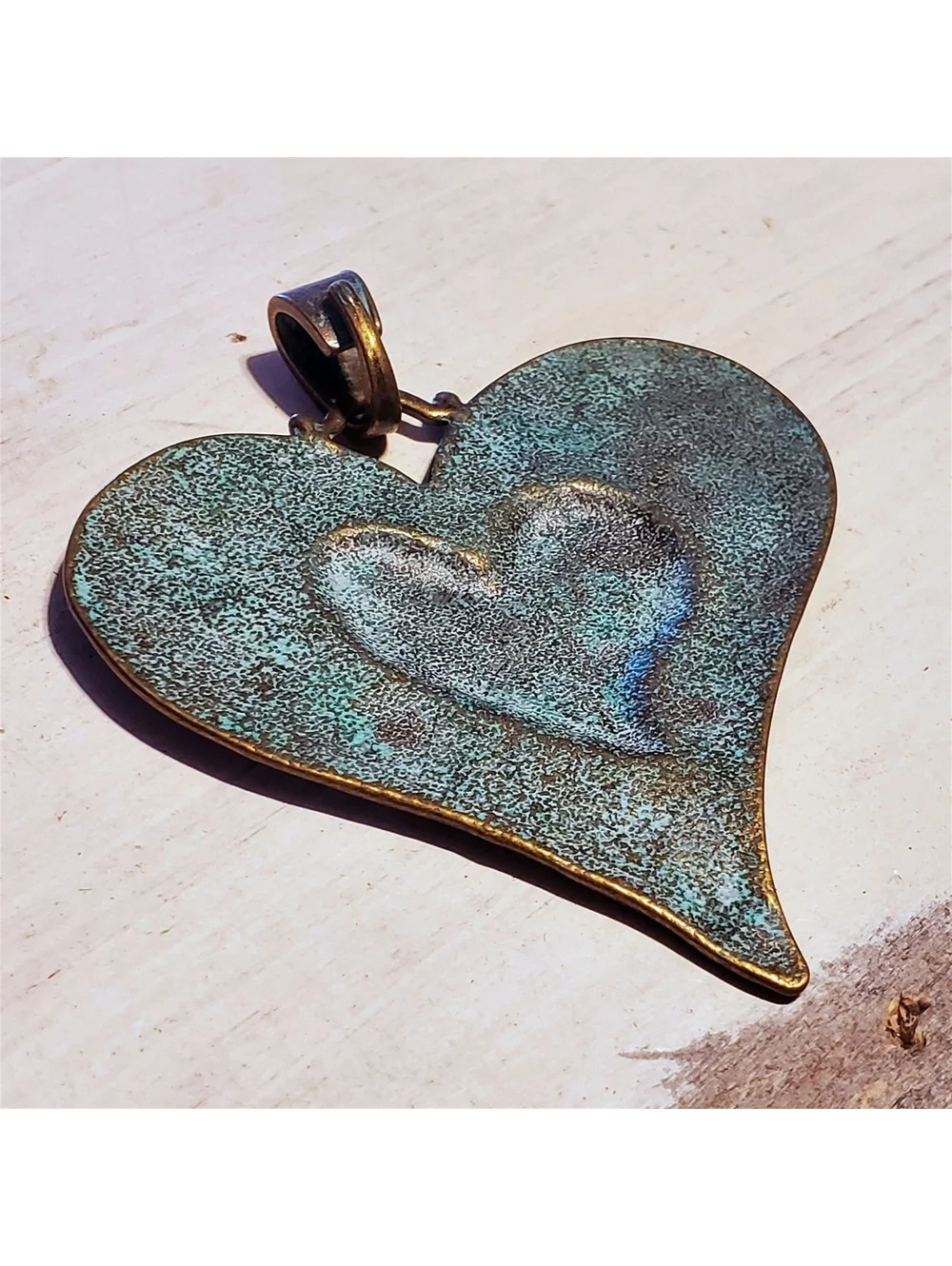 Hammered Antique Bronze Verdigris Green Patina Large Carved Heart Pendant